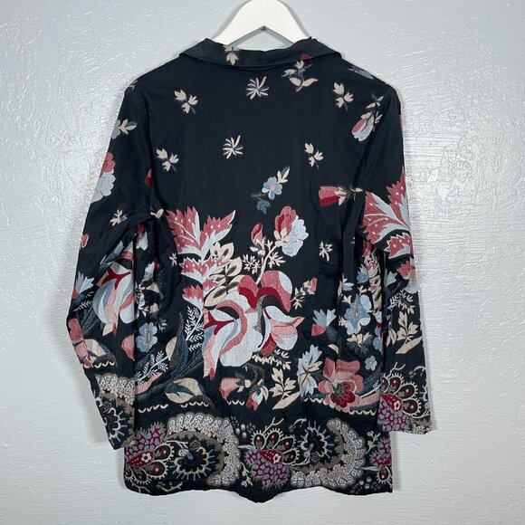 Citron Santa Monica Women XL Black Cream Pink Embroidered Floral Silk Jacket - Picture 5 of 9
